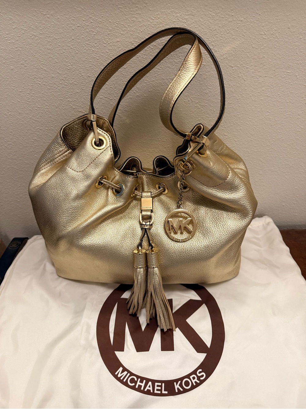 Michael Kors Metallic Gold Pebbled Leather Drawstring Hobo